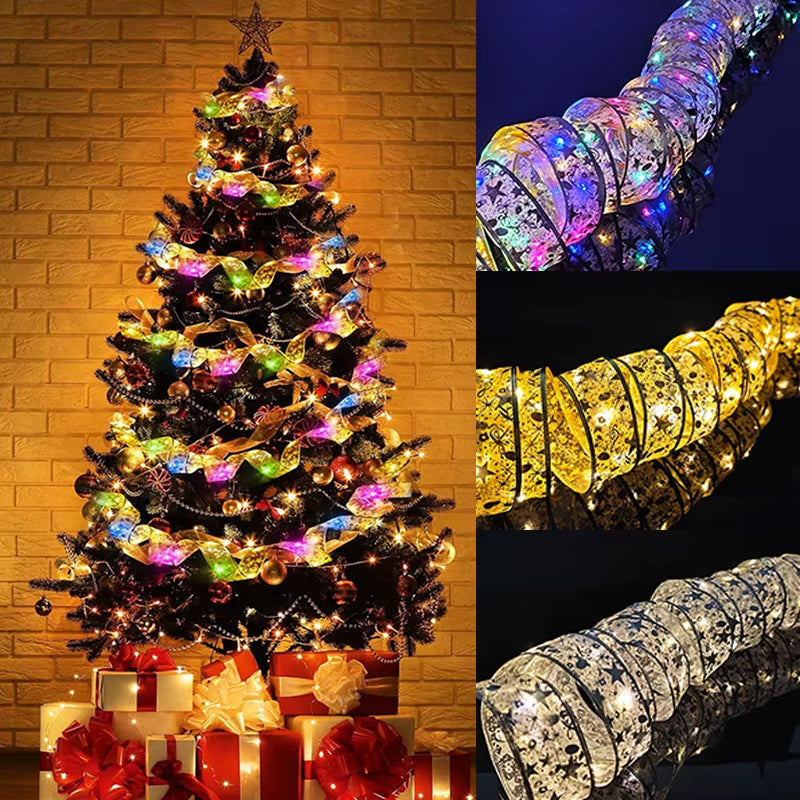 ⁠LuminaRibbon | Listón Navideño Luminoso LED con Tejido Dorado para Árbol y Decoración⁠