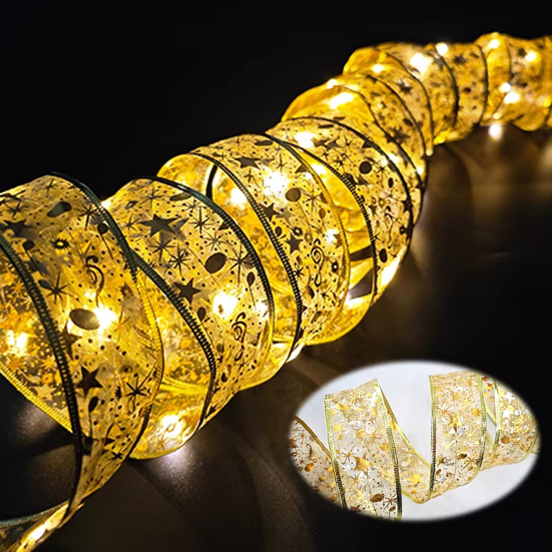 ⁠LuminaRibbon | Listón Navideño Luminoso LED con Tejido Dorado para Árbol y Decoración⁠
