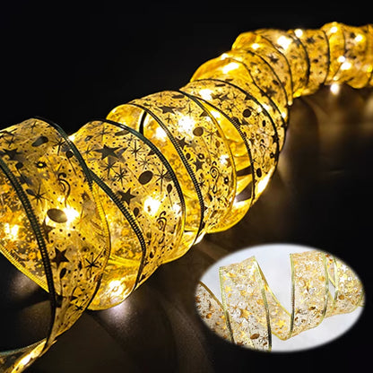 ⁠LuminaRibbon | Listón Navideño Luminoso LED con Tejido Dorado para Árbol y Decoración⁠