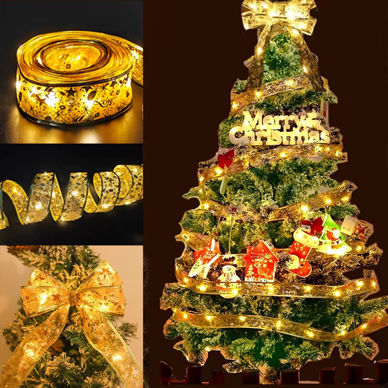 ⁠LuminaRibbon | Listón Navideño Luminoso LED con Tejido Dorado para Árbol y Decoración⁠