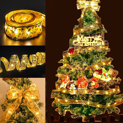 ⁠LuminaRibbon | Listón Navideño Luminoso LED con Tejido Dorado para Árbol y Decoración⁠