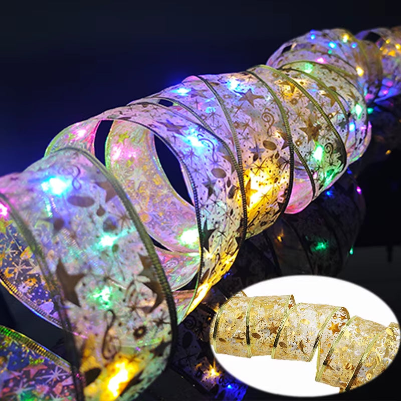 ⁠LuminaRibbon | Listón Navideño Luminoso LED con Tejido Dorado para Árbol y Decoración⁠