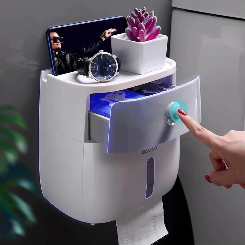 ⁠LuminaBox | Organizador de Baño Impermeable de Pared con Cajón y Portarrollos⁠