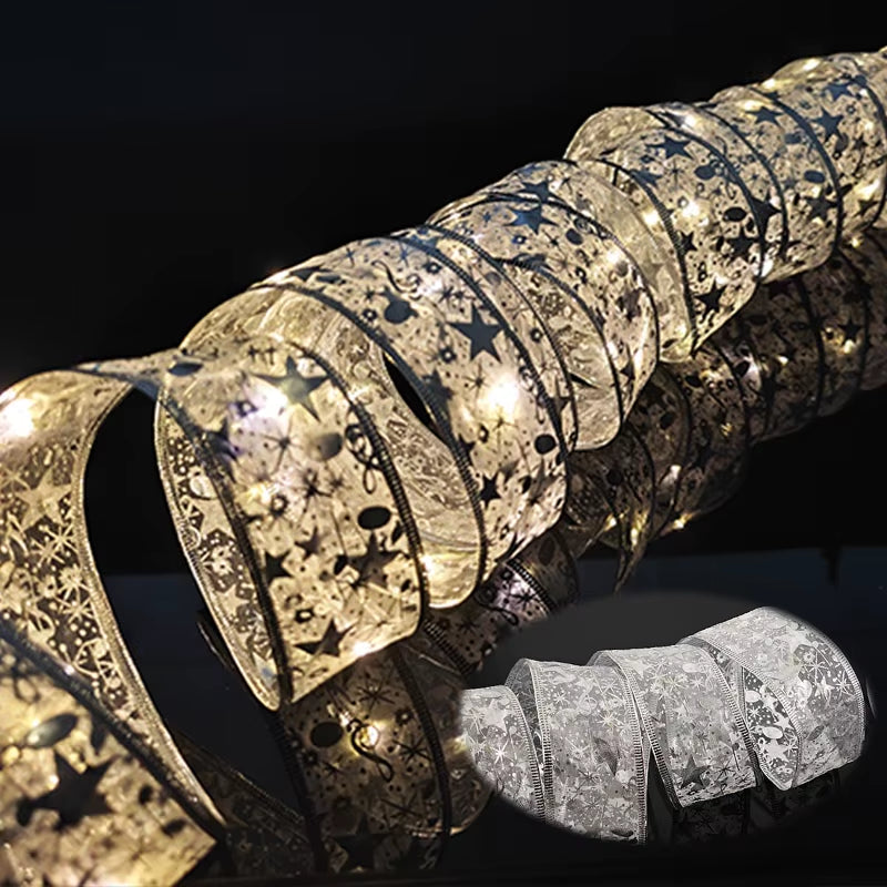 ⁠LuminaRibbon | Listón Navideño Luminoso LED con Tejido Dorado para Árbol y Decoración⁠