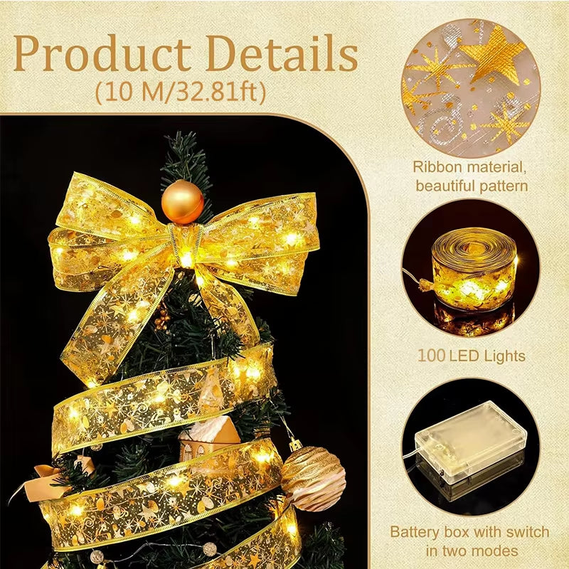 ⁠LuminaRibbon | Listón Navideño Luminoso LED con Tejido Dorado para Árbol y Decoración⁠