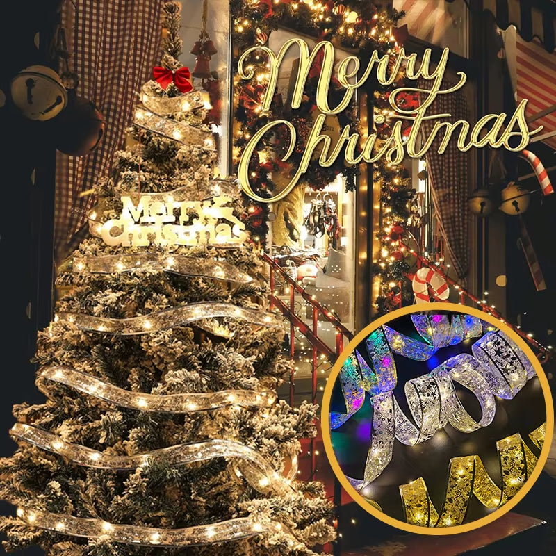 ⁠LuminaRibbon | Listón Navideño Luminoso LED con Tejido Dorado para Árbol y Decoración⁠